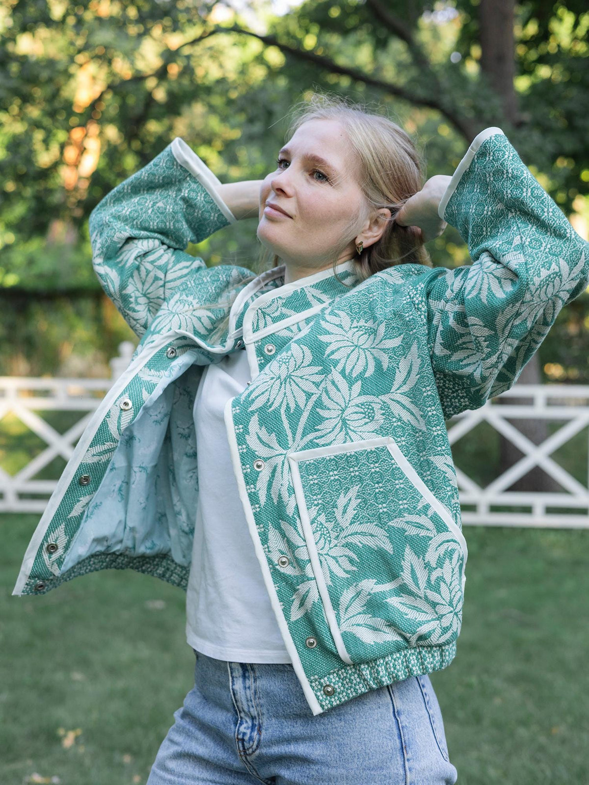 One-of-a-Kind Handmade Jacket from Vintage Green Tapestry Blanket - Upcycled Boho Chic - Retro Floral Bomber