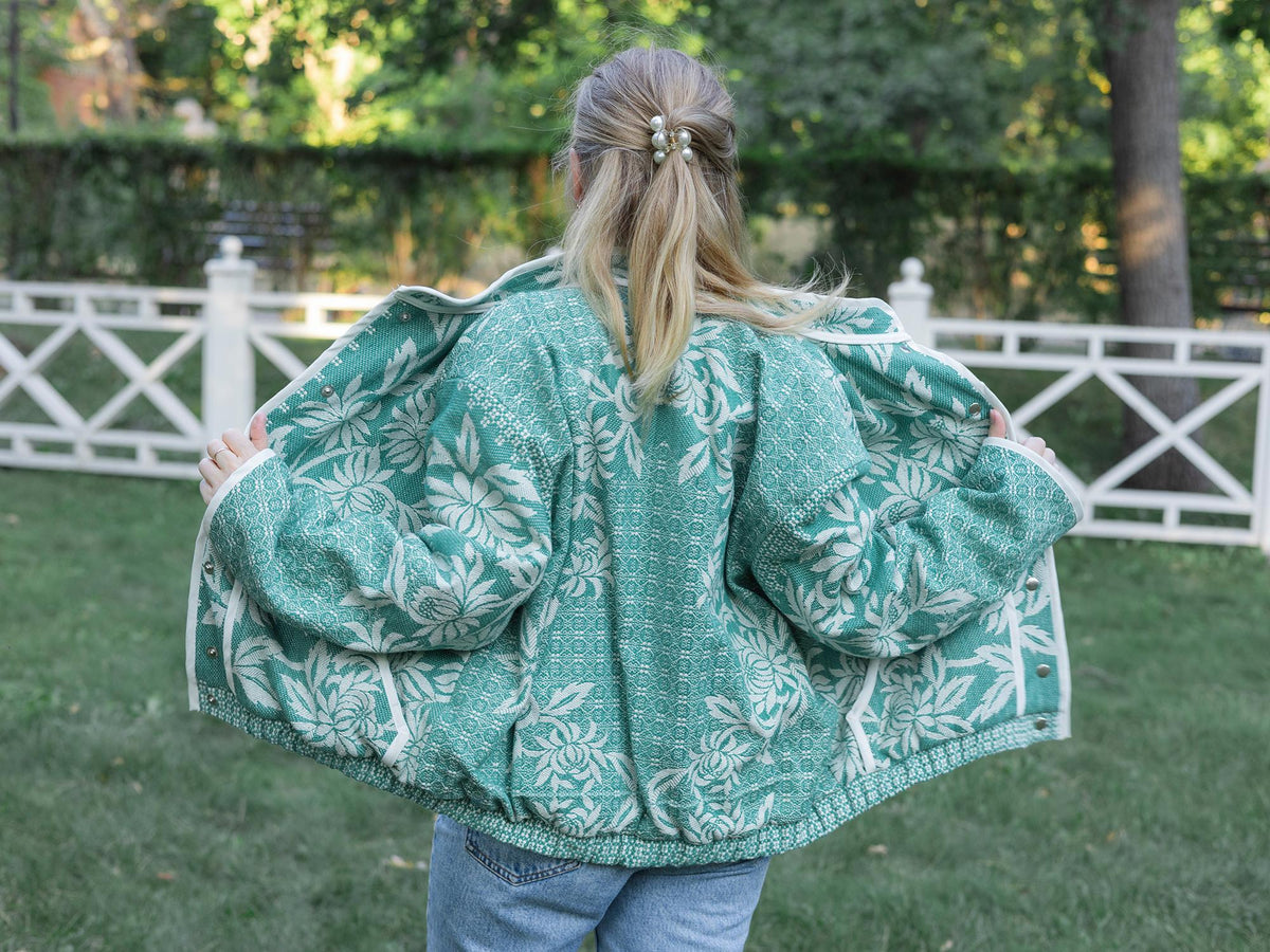 One-of-a-Kind Handmade Jacket from Vintage Green Tapestry Blanket - Upcycled Boho Chic - Retro Floral Bomber