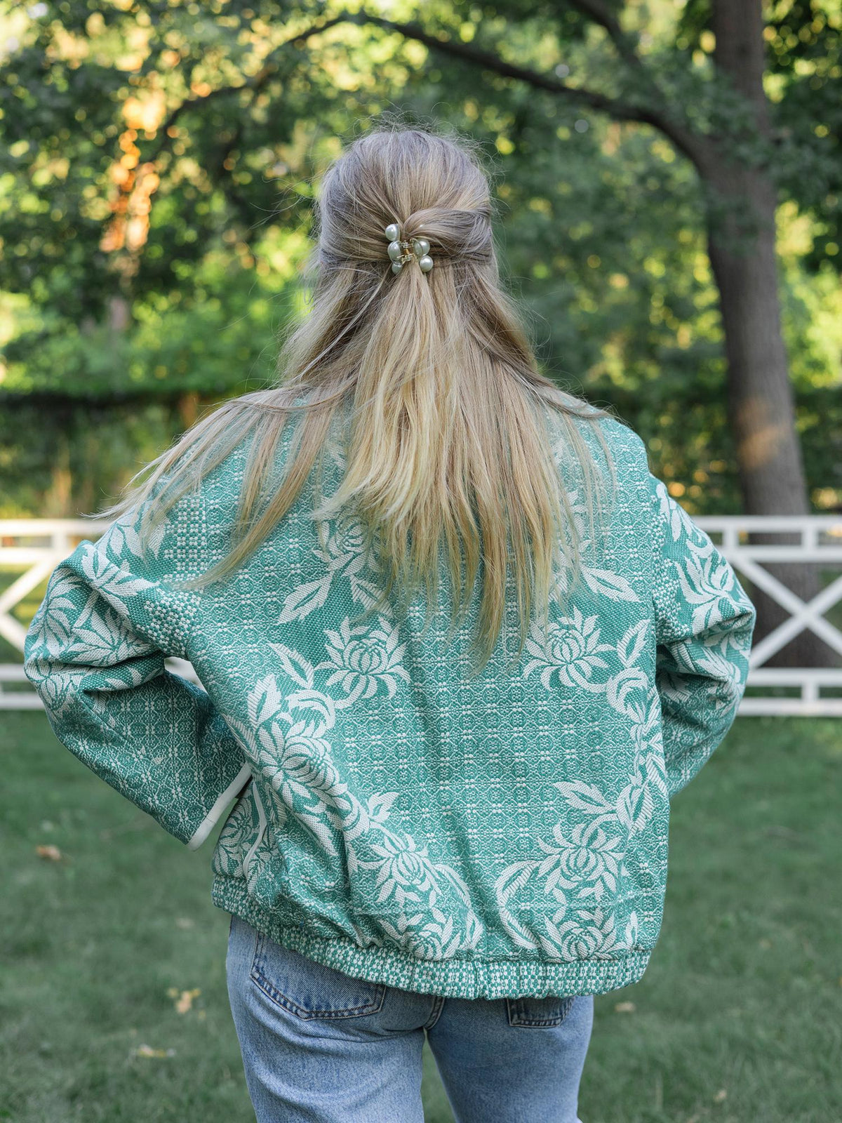 One-of-a-Kind Handmade Jacket from Vintage Green Tapestry Blanket - Upcycled Boho Chic - Retro Floral Bomber