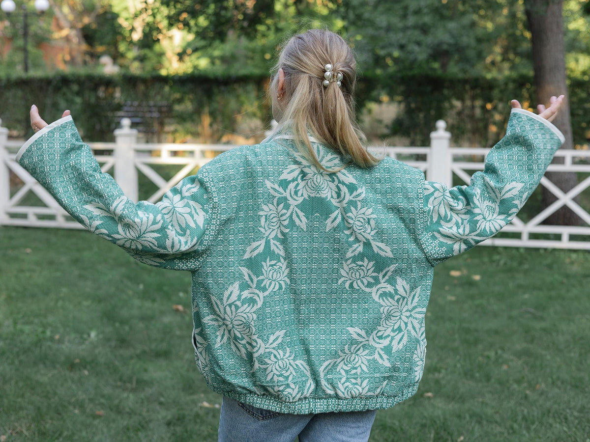 One-of-a-Kind Handmade Jacket from Vintage Green Tapestry Blanket - Upcycled Boho Chic - Retro Floral Bomber