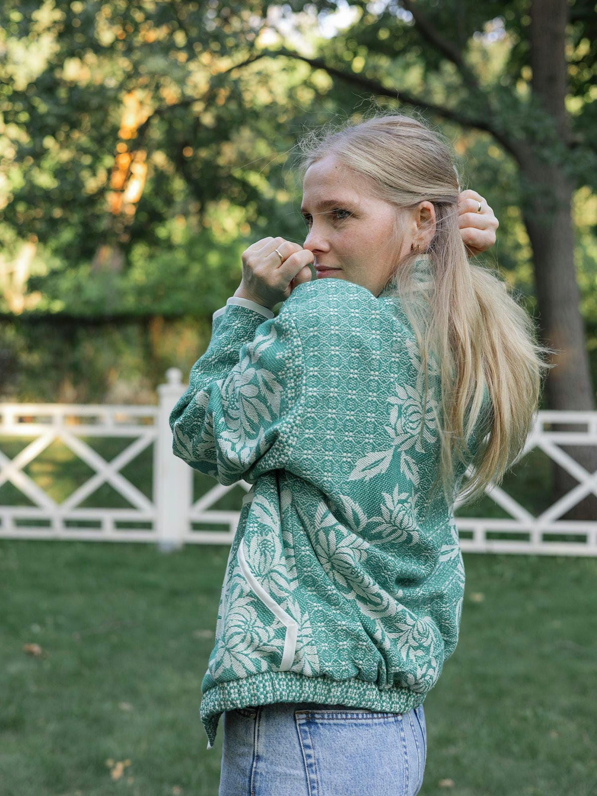 One-of-a-Kind Handmade Jacket from Vintage Green Tapestry Blanket - Upcycled Boho Chic - Retro Floral Bomber
