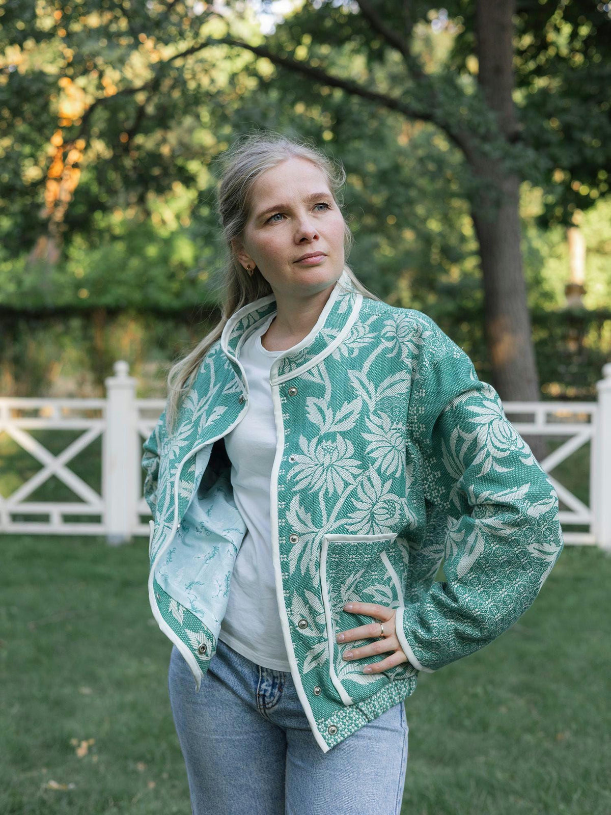 One-of-a-Kind Handmade Jacket from Vintage Green Tapestry Blanket - Upcycled Boho Chic - Retro Floral Bomber