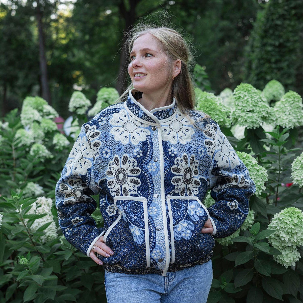 One-of-a-Kind Handmade Jacket from Vintage Tapestry Blanket - Upcycled Boho Chic - Blue Floral Retro Bomber