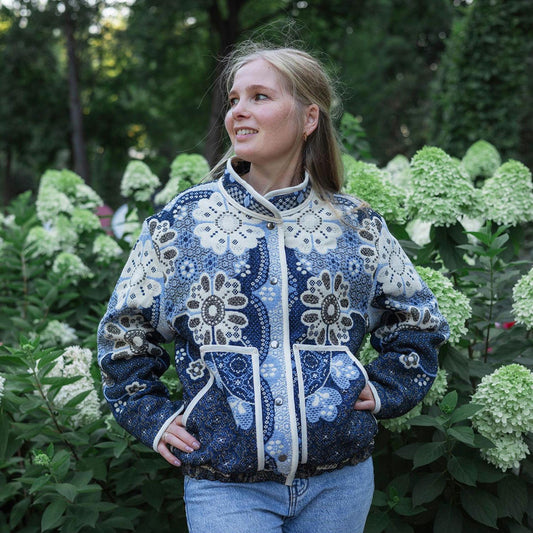 One-of-a-Kind Handmade Jacket from Vintage Tapestry Blanket - Upcycled Boho Chic - Blue Floral Retro Bomber