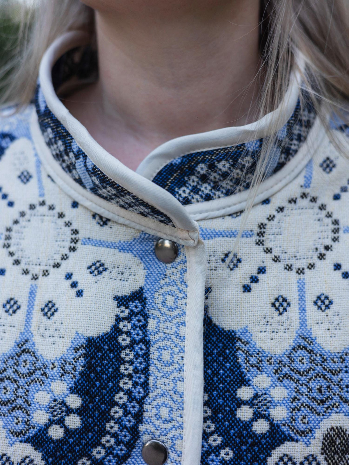 One-of-a-Kind Handmade Jacket from Vintage Tapestry Blanket - Upcycled Boho Chic - Blue Floral Retro Bomber