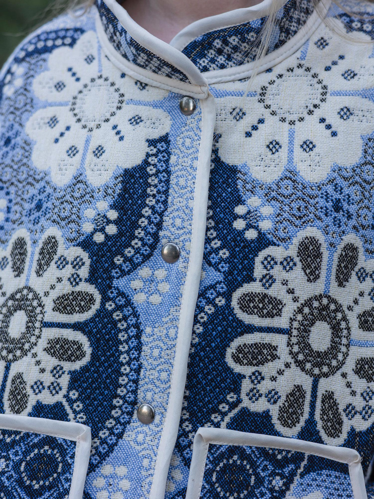 One-of-a-Kind Handmade Jacket from Vintage Tapestry Blanket - Upcycled Boho Chic - Blue Floral Retro Bomber