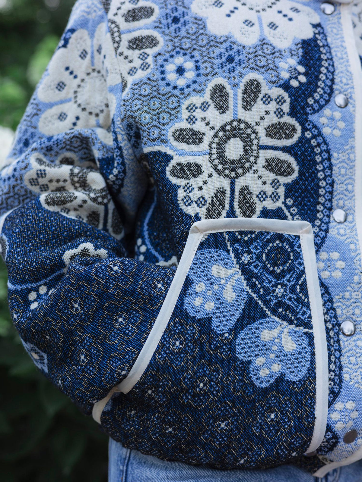 One-of-a-Kind Handmade Jacket from Vintage Tapestry Blanket - Upcycled Boho Chic - Blue Floral Retro Bomber