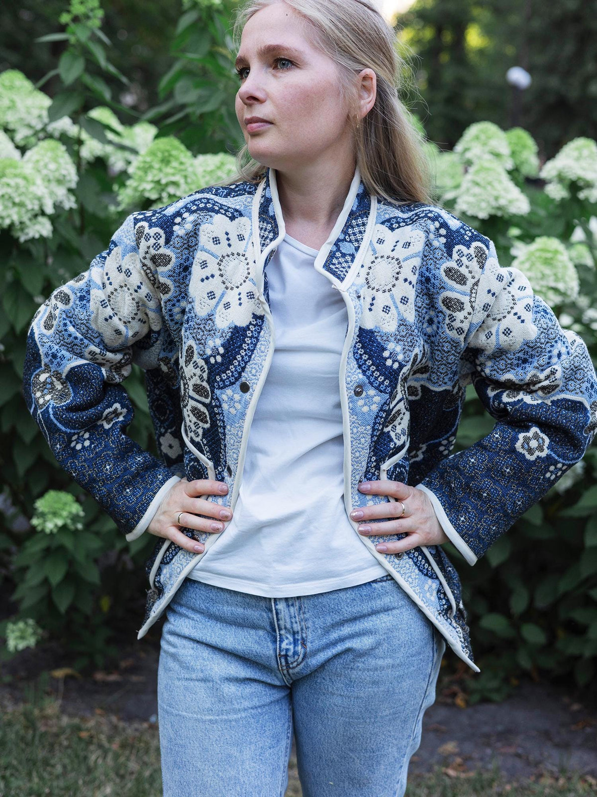 One-of-a-Kind Handmade Jacket from Vintage Tapestry Blanket - Upcycled Boho Chic - Blue Floral Retro Bomber