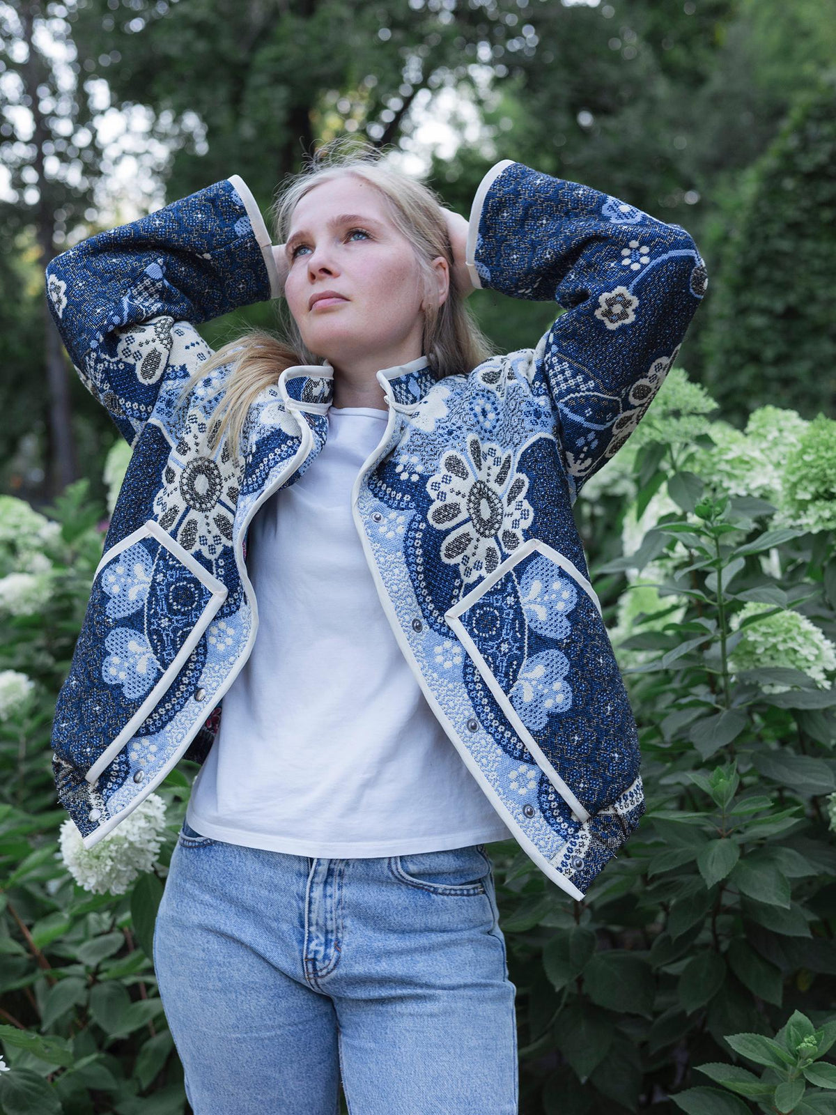 One-of-a-Kind Handmade Jacket from Vintage Tapestry Blanket - Upcycled Boho Chic - Blue Floral Retro Bomber