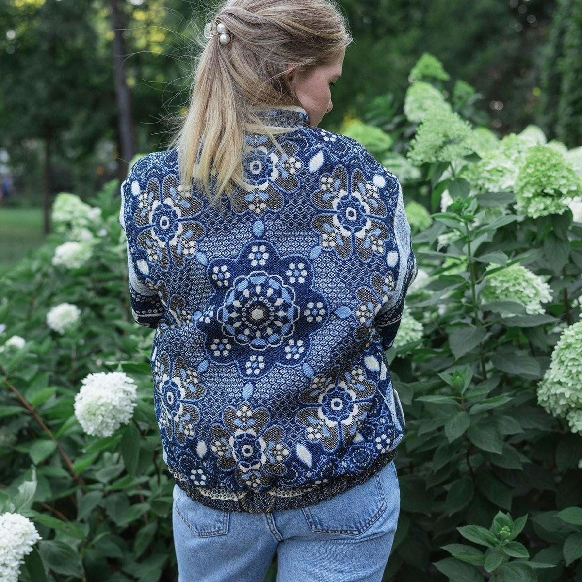 One-of-a-Kind Handmade Jacket from Vintage Tapestry Blanket - Upcycled Boho Chic - Blue Floral Retro Bomber