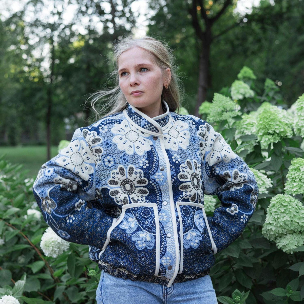 One-of-a-Kind Handmade Jacket from Vintage Tapestry Blanket - Upcycled Boho Chic - Blue Floral Retro Bomber