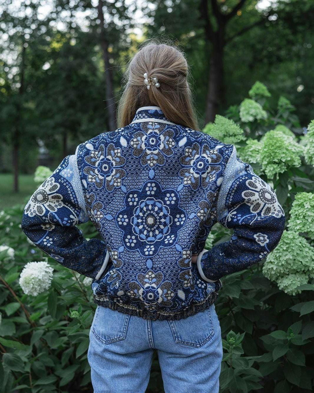 One-of-a-Kind Handmade Jacket from Vintage Tapestry Blanket - Upcycled Boho Chic - Blue Floral Retro Bomber