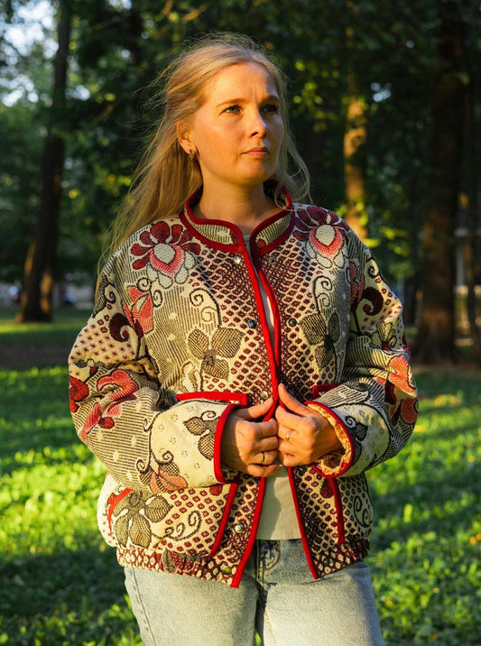 Handmade Vintage Tapestry Jacket – Floral Retro Bomber with Red Trim
