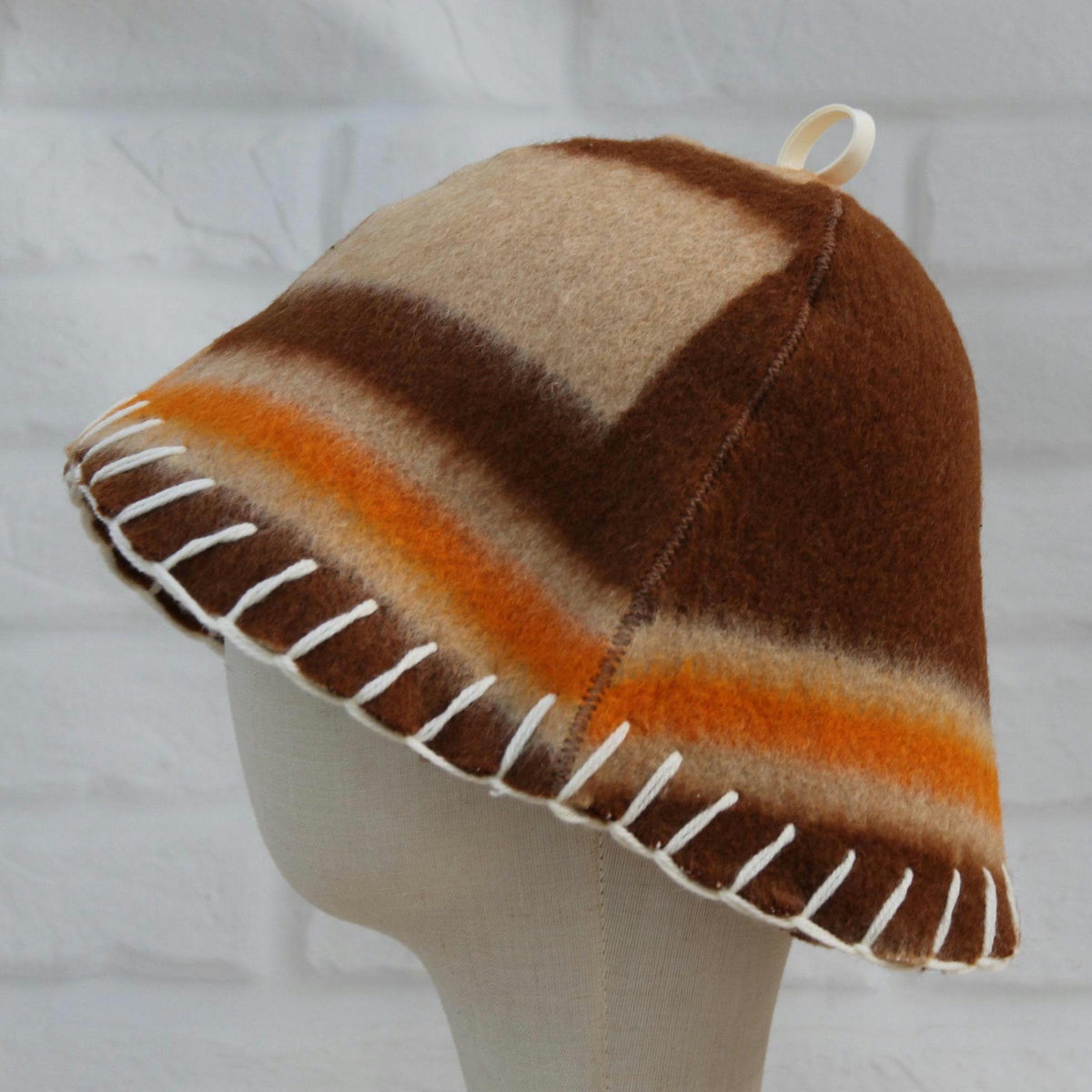 Handmade Upcycled Wool Sauna Hat – Striped Banya Spa Accessory (Brown, Beige, Orange)