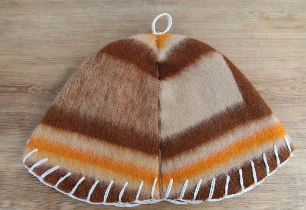 Handmade Upcycled Wool Sauna Hat – Striped Banya Spa Accessory (Brown, Beige, Orange)