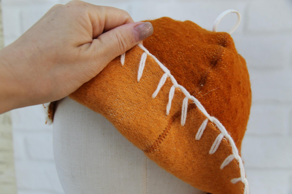 Handmade Upcycled Wool Sauna Hat – Mustard Orange, White Stitch Banya Accessory
