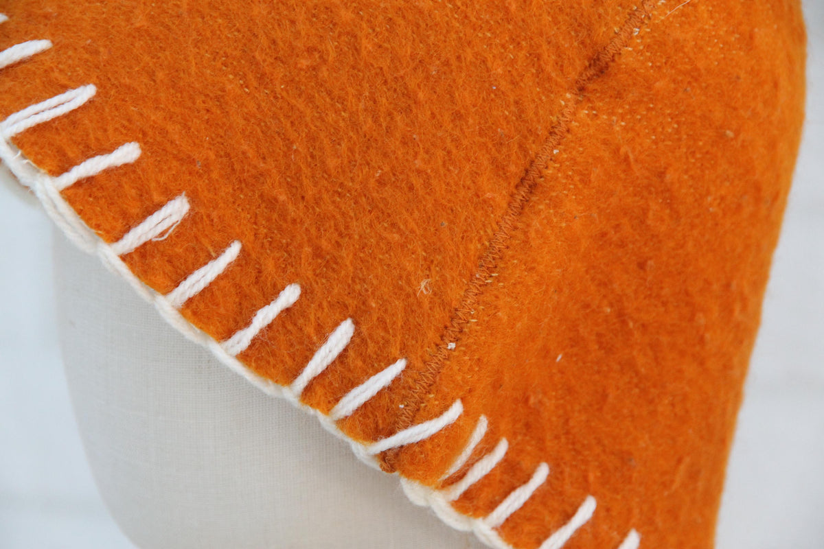 Handmade Upcycled Wool Sauna Hat – Mustard Orange, White Stitch Banya Accessory