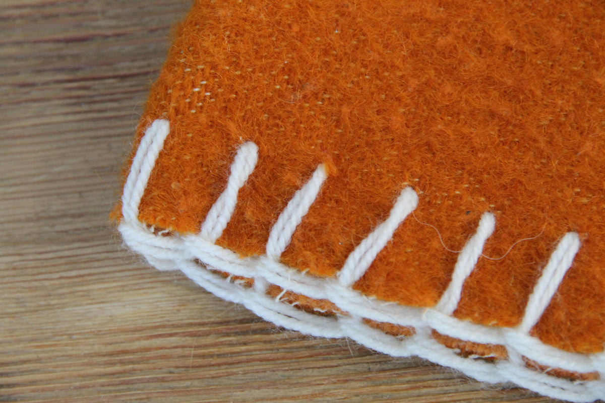 Handmade Upcycled Wool Sauna Hat – Mustard Orange, White Stitch Banya Accessory