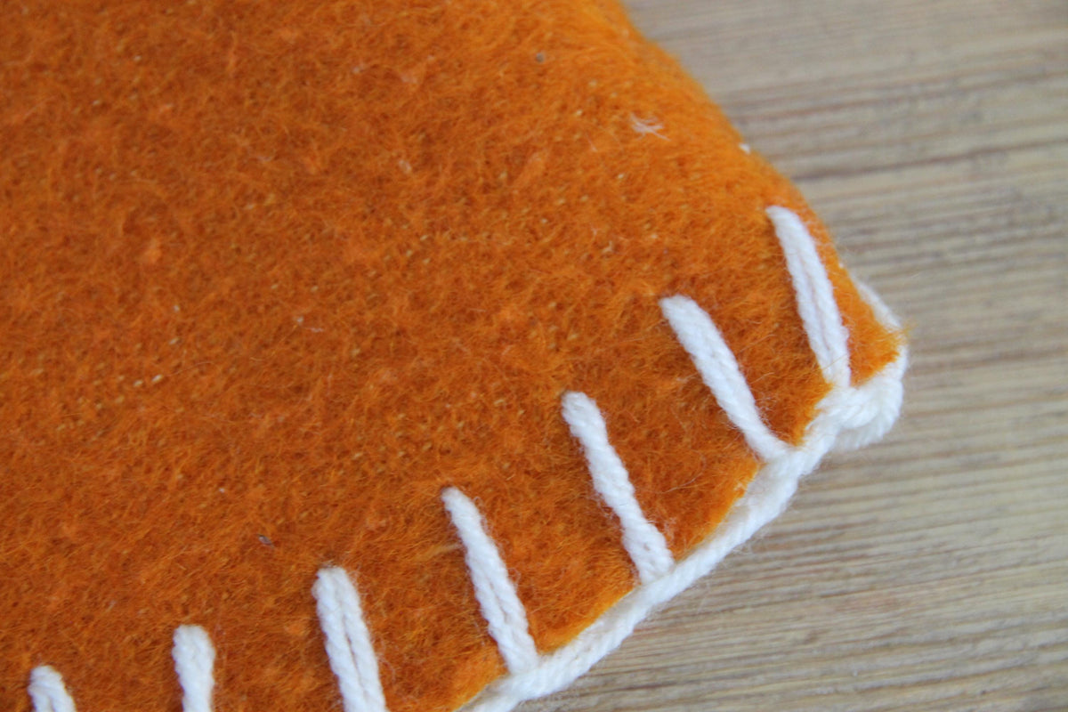 Handmade Upcycled Wool Sauna Hat – Mustard Orange, White Stitch Banya Accessory