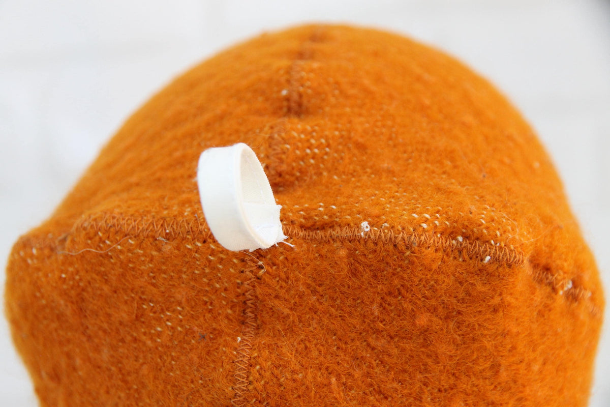 Handmade Upcycled Wool Sauna Hat – Mustard Orange, White Stitch Banya Accessory