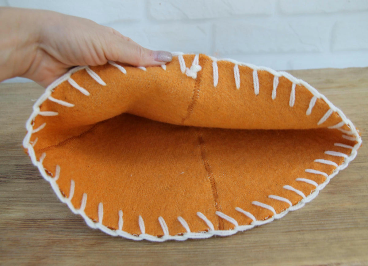 Handmade Upcycled Wool Sauna Hat – Mustard Orange, White Stitch Banya Accessory