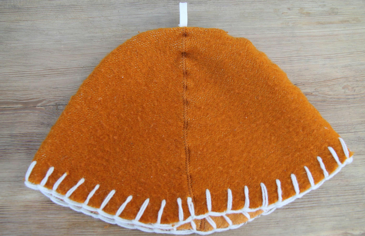 Handmade Upcycled Wool Sauna Hat – Mustard Orange, White Stitch Banya Accessory