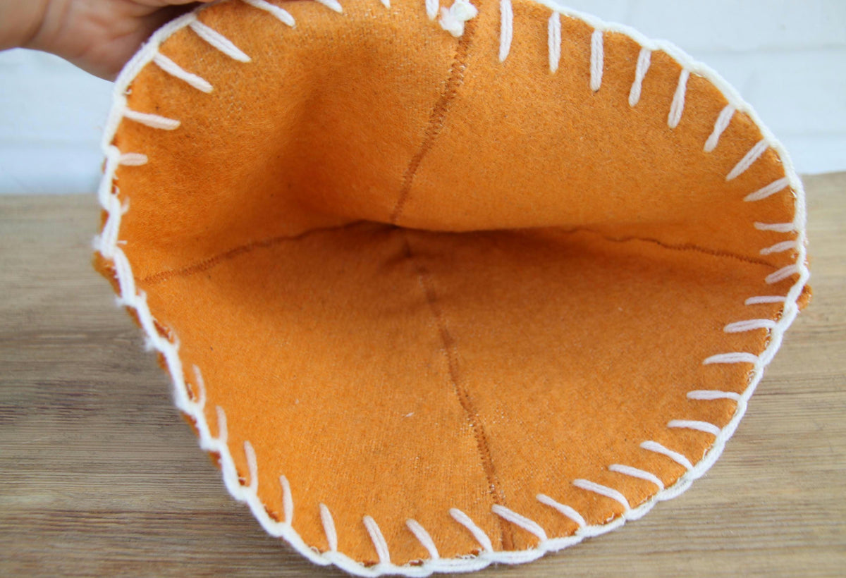 Handmade Upcycled Wool Sauna Hat – Mustard Orange, White Stitch Banya Accessory
