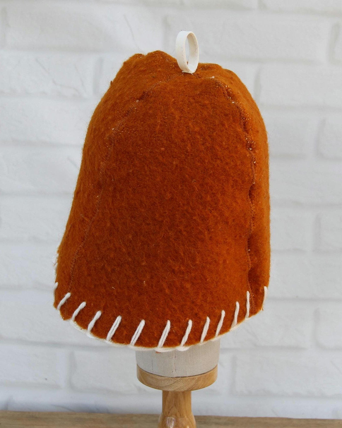 Handmade Upcycled Wool Sauna Hat – Mustard Orange, White Stitch Banya Accessory