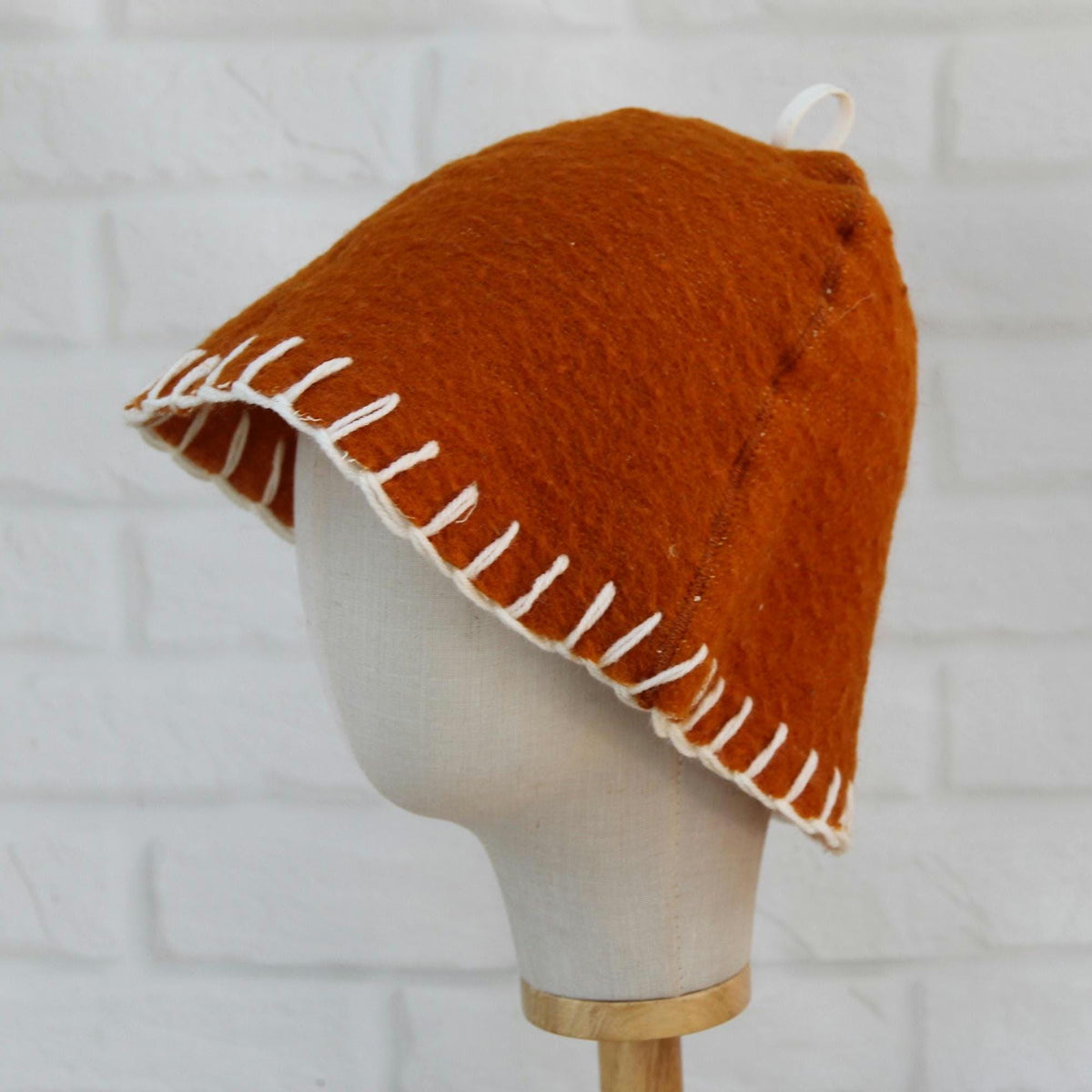 Handmade Upcycled Wool Sauna Hat – Mustard Orange, White Stitch Banya Accessory