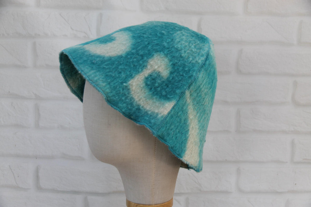 Handmade Upcycled Wool Sauna Hat – Turquoise Blue Abstract Cloud Pattern (Eco-Friendly Spa Accessory)