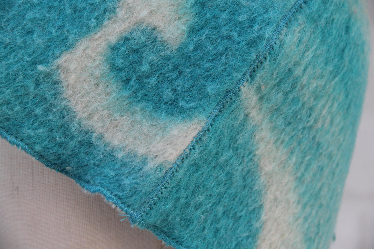 Handmade Upcycled Wool Sauna Hat – Turquoise Blue Abstract Cloud Pattern (Eco-Friendly Spa Accessory)