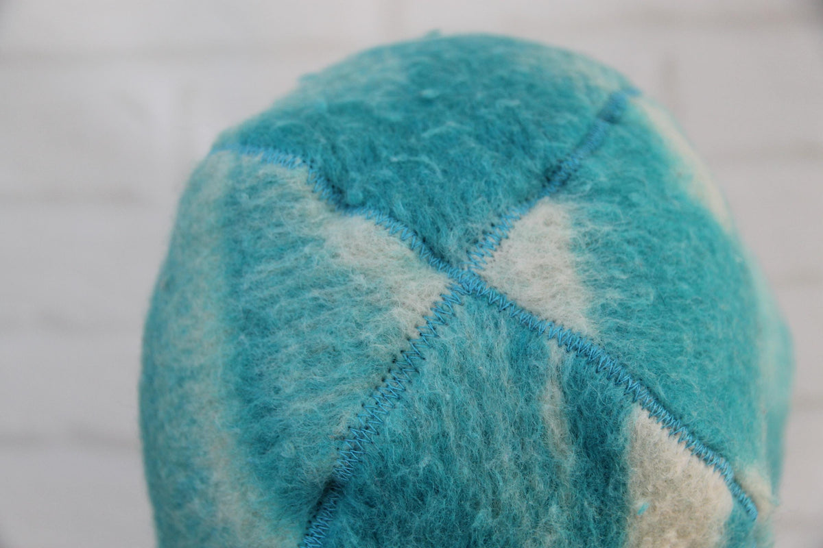 Handmade Upcycled Wool Sauna Hat – Turquoise Blue Abstract Cloud Pattern (Eco-Friendly Spa Accessory)