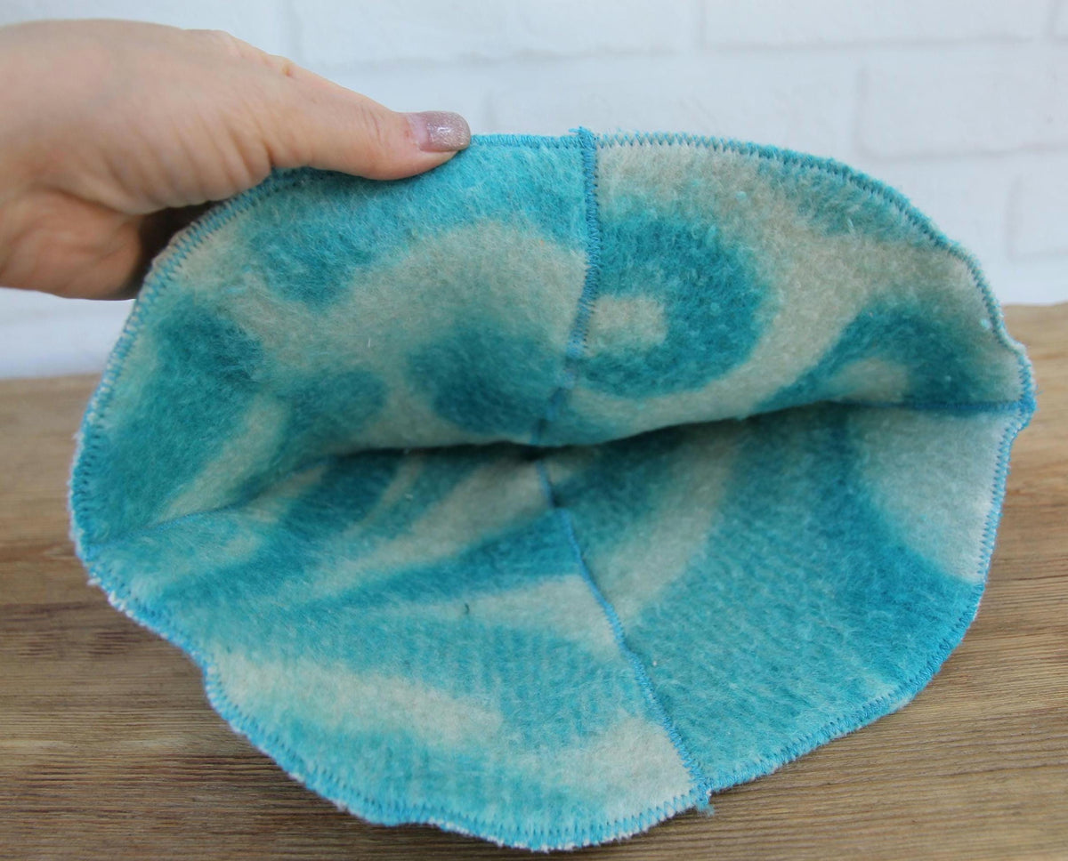 Handmade Upcycled Wool Sauna Hat – Turquoise Blue Abstract Cloud Pattern (Eco-Friendly Spa Accessory)