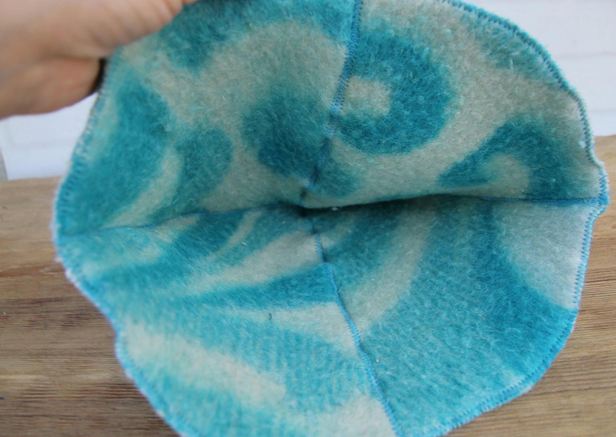 Handmade Upcycled Wool Sauna Hat – Turquoise Blue Abstract Cloud Pattern (Eco-Friendly Spa Accessory)