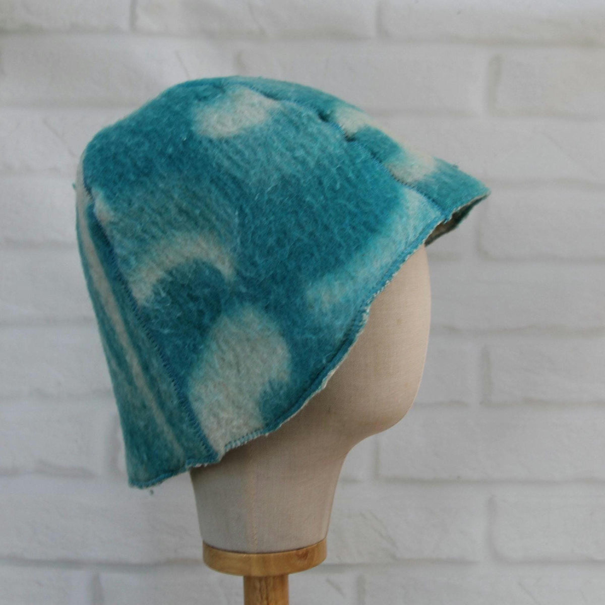 Handmade Upcycled Wool Sauna Hat – Turquoise Blue Abstract Cloud Pattern (Eco-Friendly Spa Accessory)