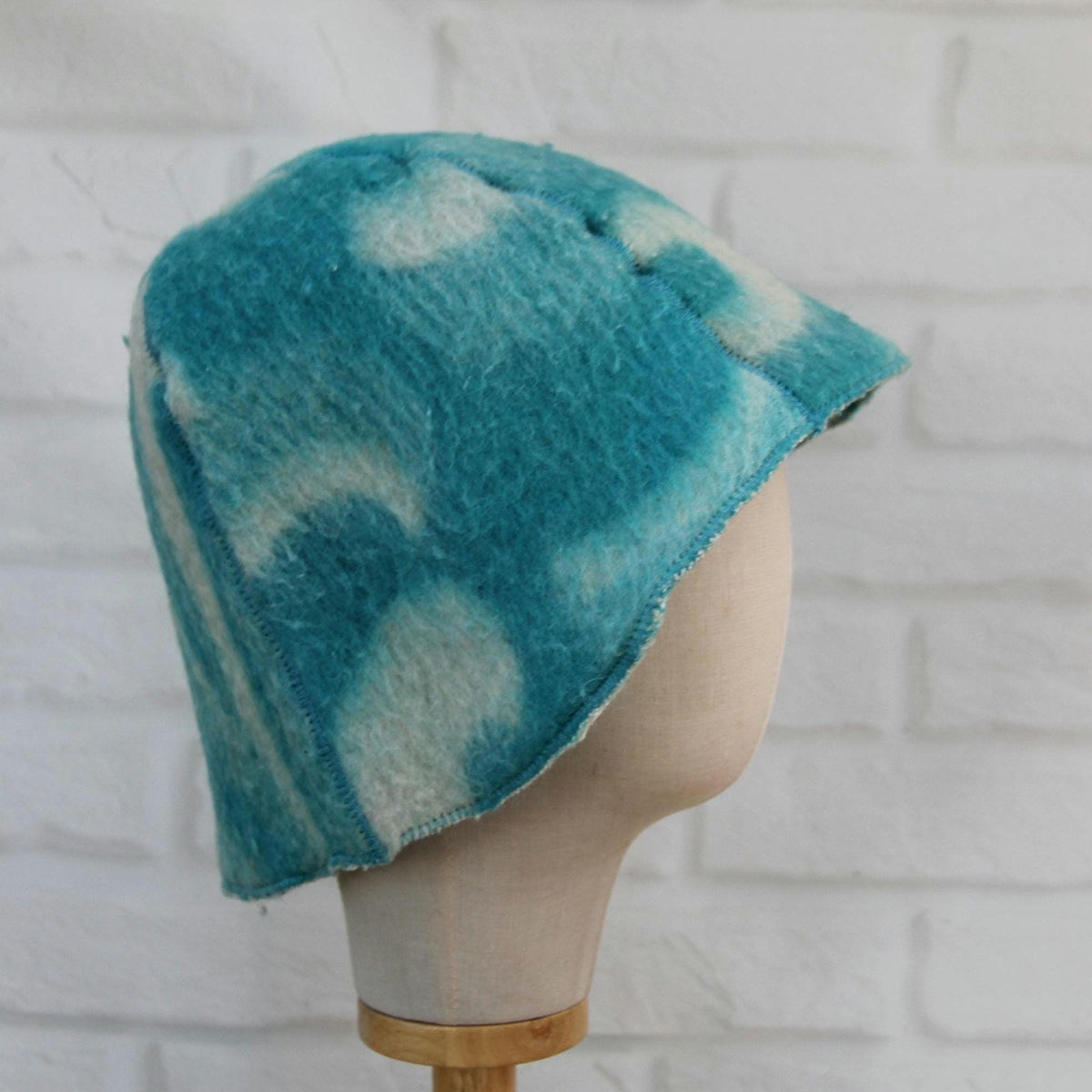 Handmade Upcycled Wool Sauna Hat – Turquoise Blue Abstract Cloud Pattern (Eco-Friendly Spa Accessory)