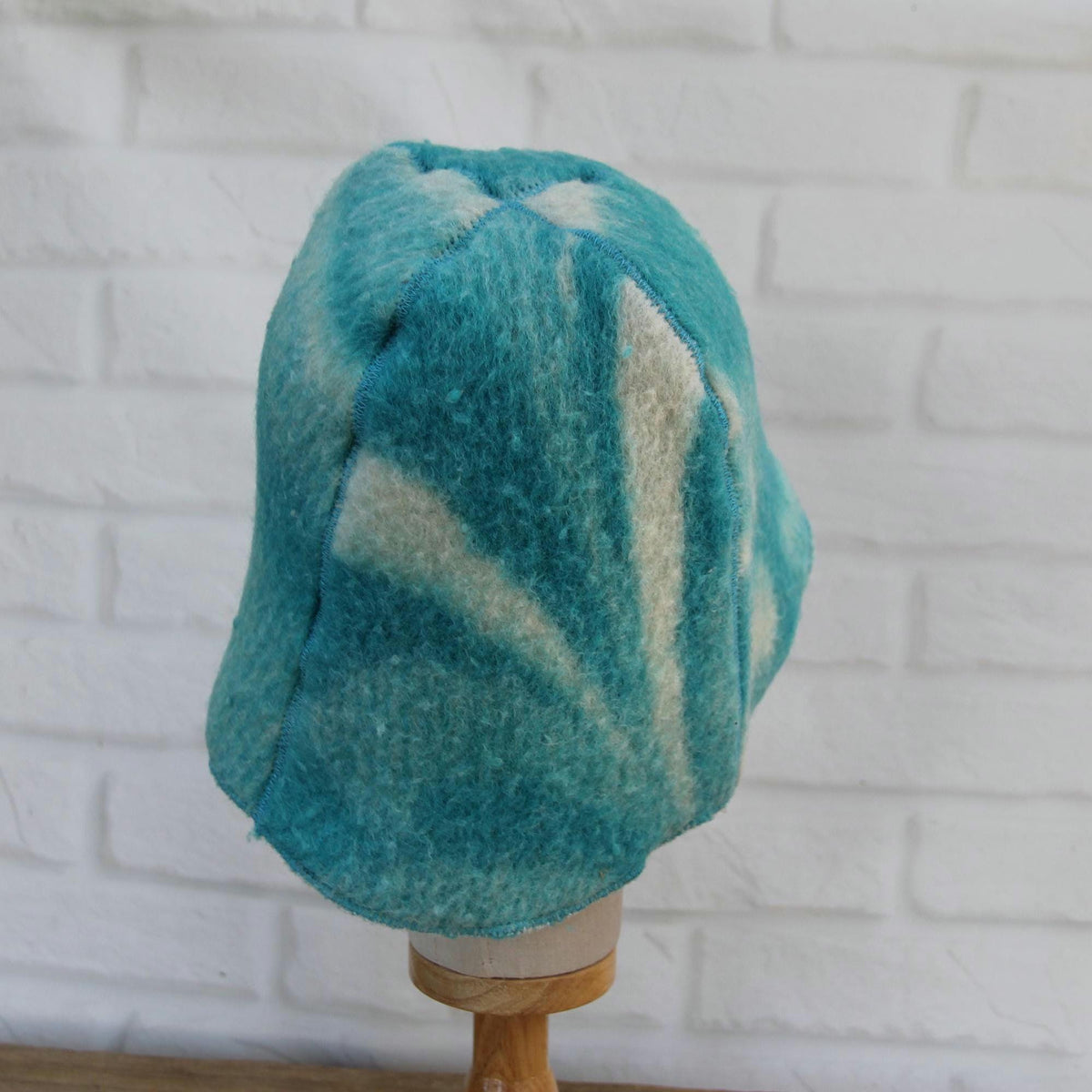 Handmade Upcycled Wool Sauna Hat – Turquoise Blue Abstract Cloud Pattern (Eco-Friendly Spa Accessory)