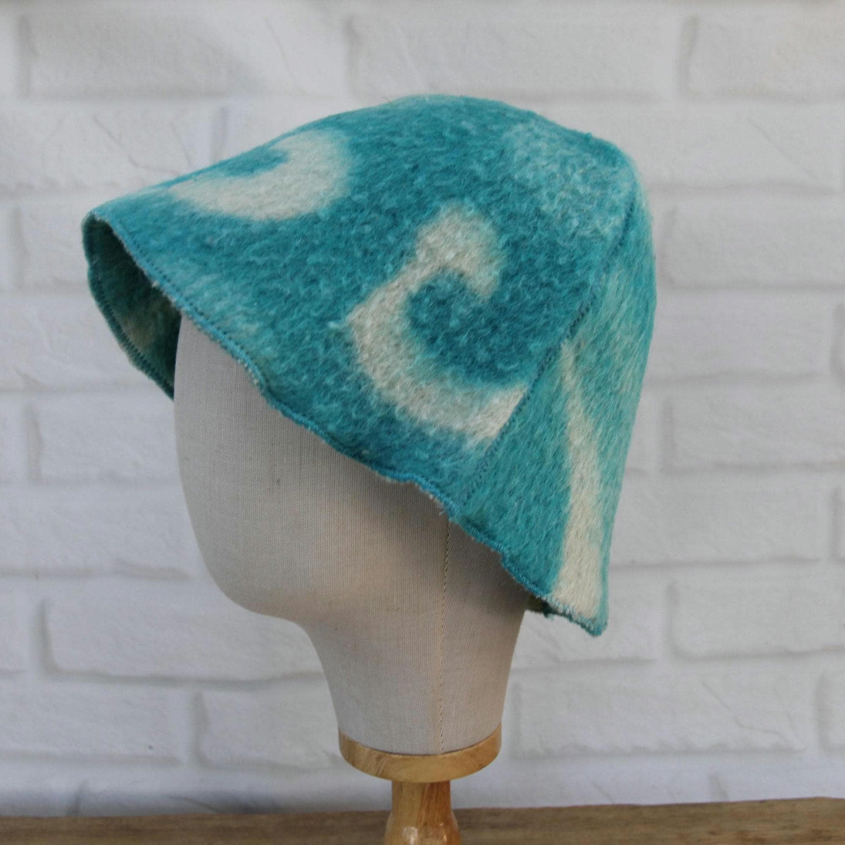 Handmade Upcycled Wool Sauna Hat – Turquoise Blue Abstract Cloud Pattern (Eco-Friendly Spa Accessory)