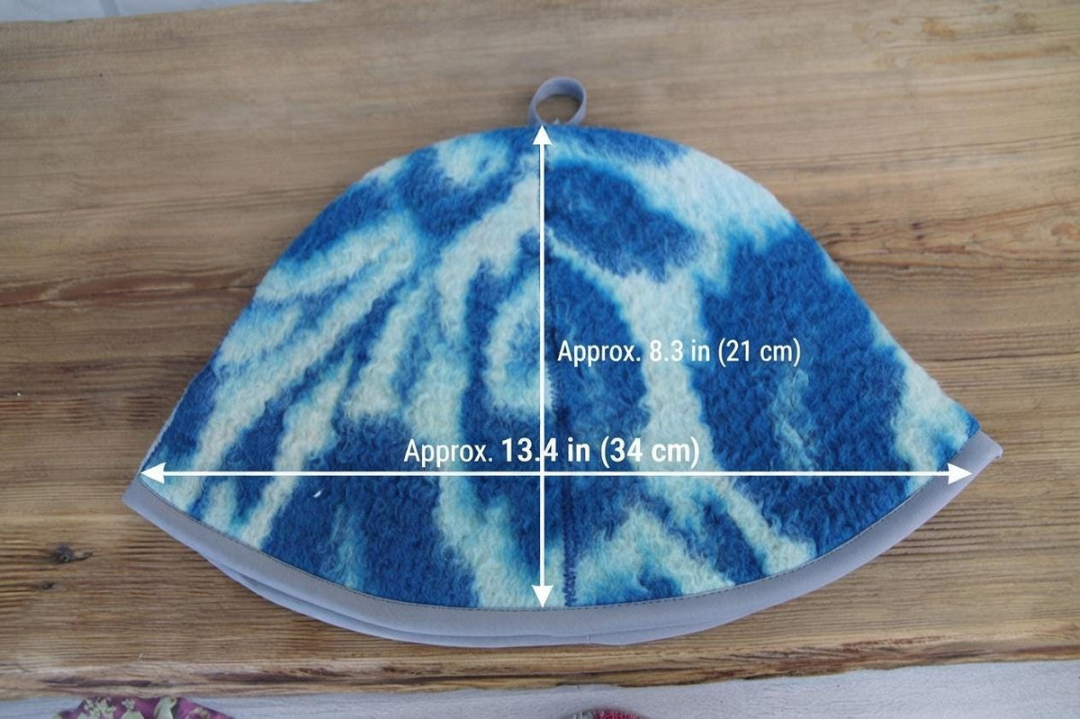 Handmade Upcycled Wool Sauna Hat – Blue White Abstract Banya Spa Accessory