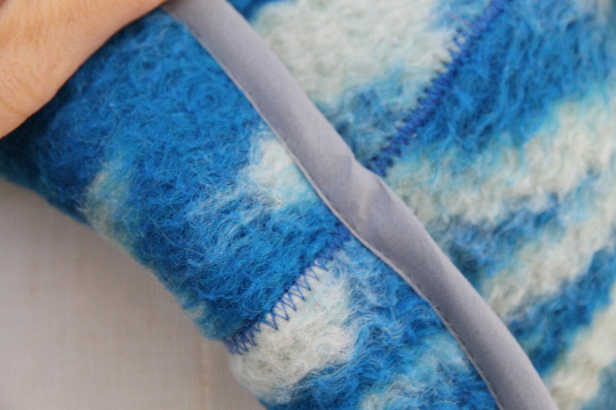 Handmade Upcycled Wool Sauna Hat – Blue White Abstract Banya Spa Accessory