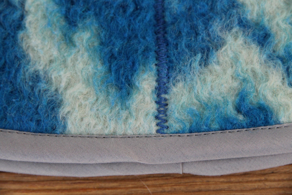 Handmade Upcycled Wool Sauna Hat – Blue White Abstract Banya Spa Accessory