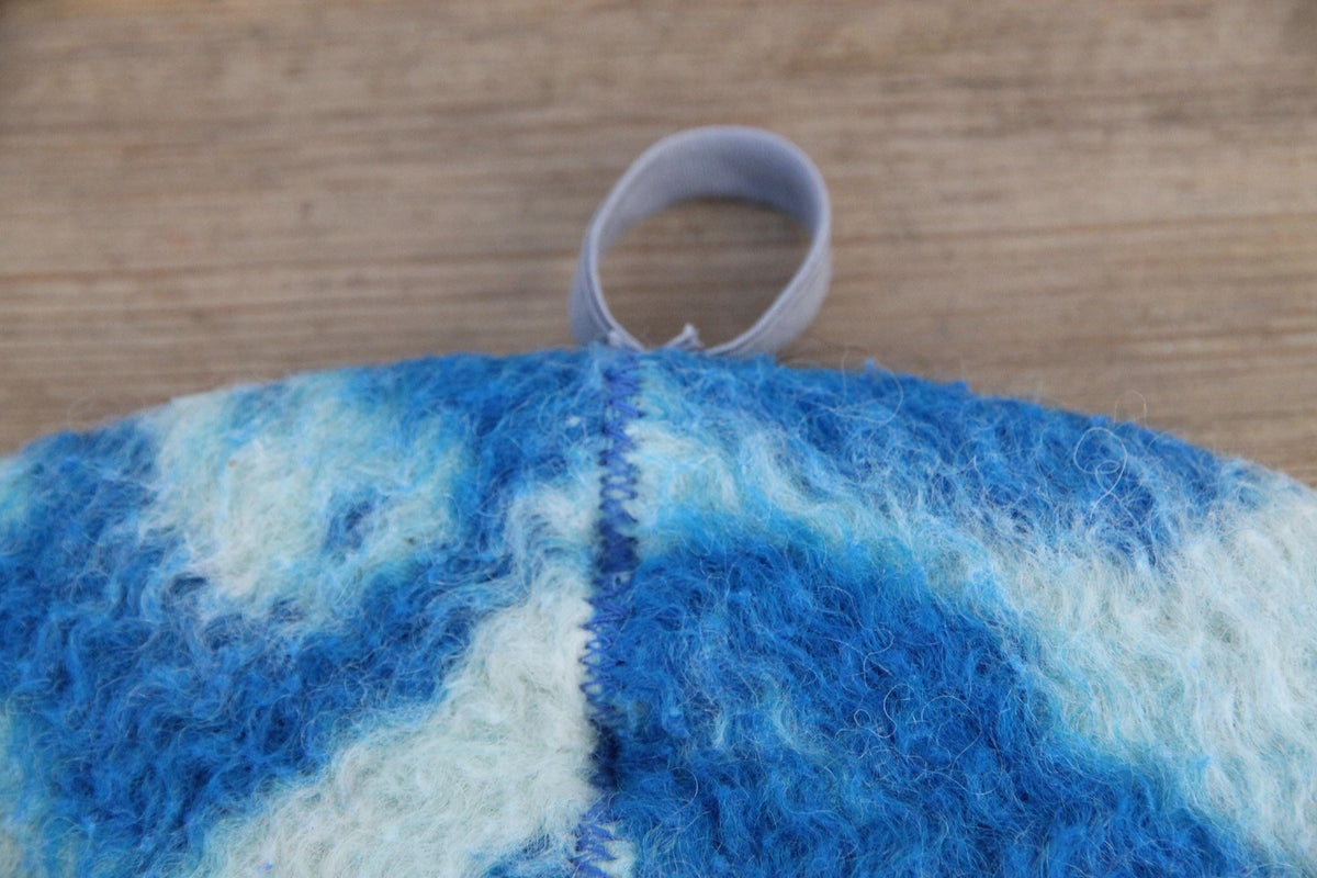 Handmade Upcycled Wool Sauna Hat – Blue White Abstract Banya Spa Accessory