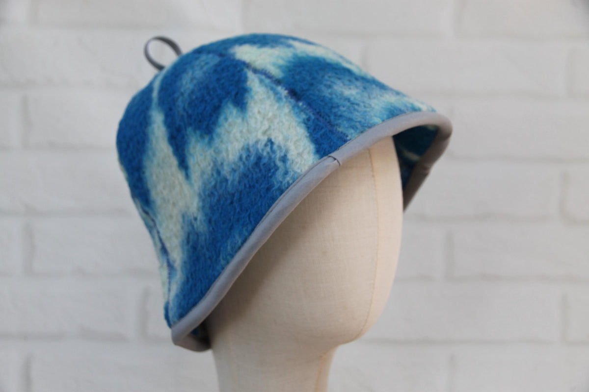 Handmade Upcycled Wool Sauna Hat – Blue White Abstract Banya Spa Accessory