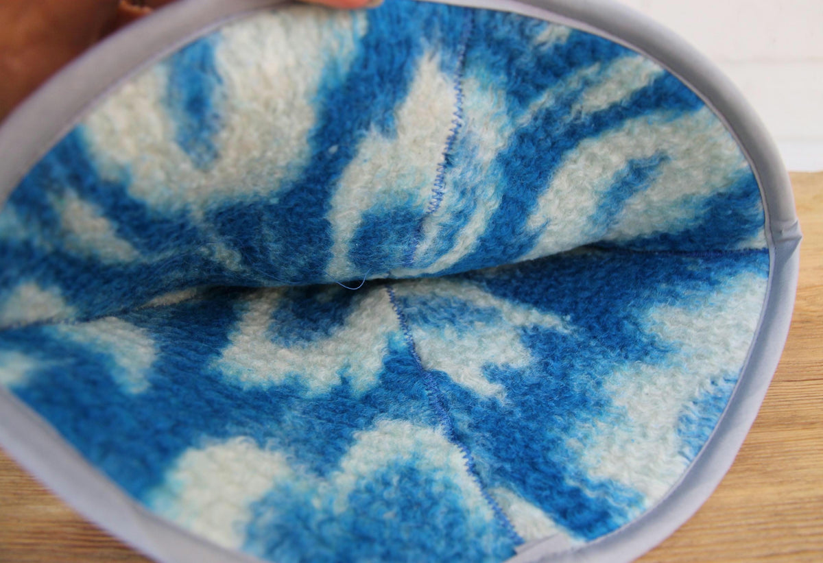 Handmade Upcycled Wool Sauna Hat – Blue White Abstract Banya Spa Accessory