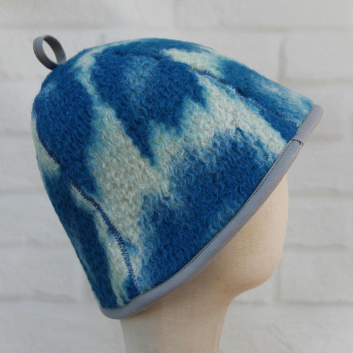 Handmade Upcycled Wool Sauna Hat – Blue White Abstract Banya Spa Accessory