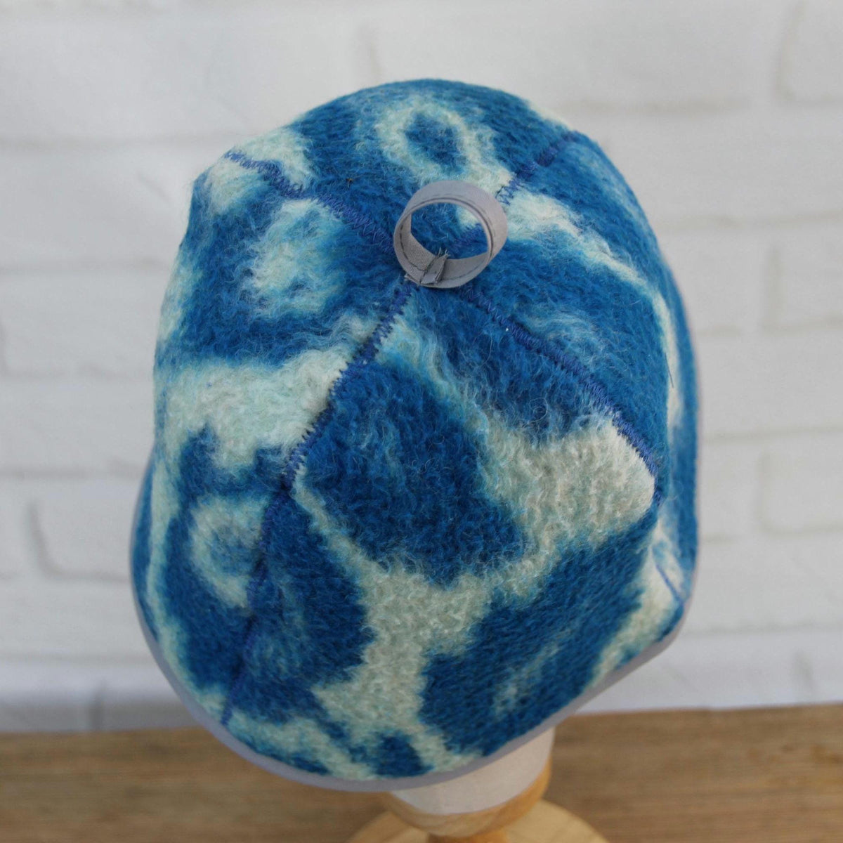 Handmade Upcycled Wool Sauna Hat – Blue White Abstract Banya Spa Accessory