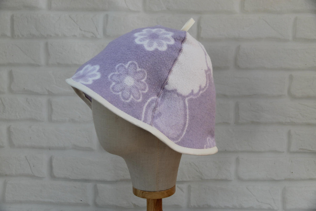 Handmade Upcycled Wool Sauna Hat – Lavender Floral Banya Accessory (Loop)