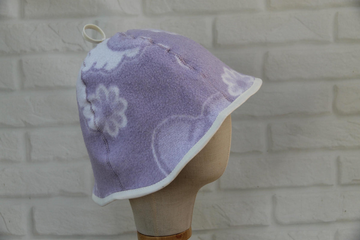 Handmade Upcycled Wool Sauna Hat – Lavender Floral Banya Accessory (Loop)