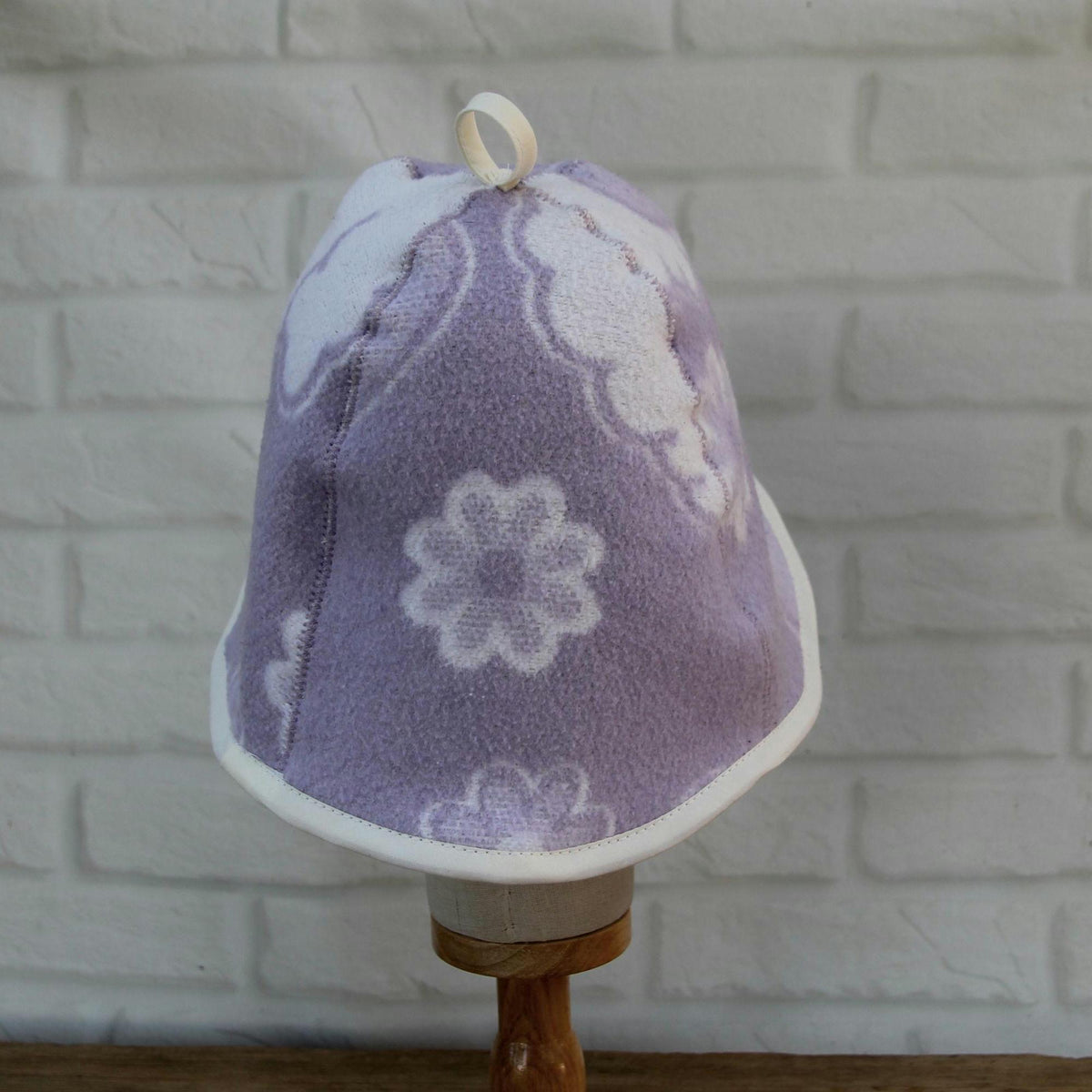 Handmade Upcycled Wool Sauna Hat – Lavender Floral Banya Accessory (Loop)