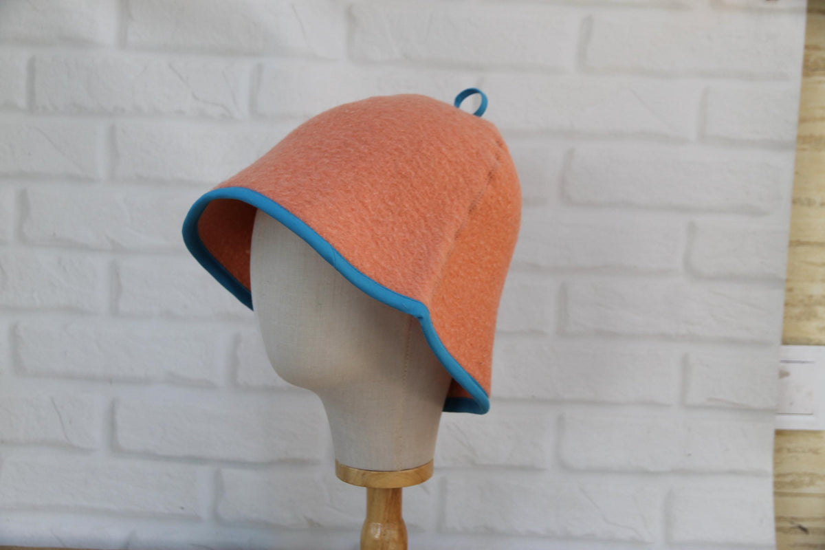Handmade Wool Sauna Hat, Vintage Blanket Banya Cap, Upcycled Peach Blue Steam Room Hat